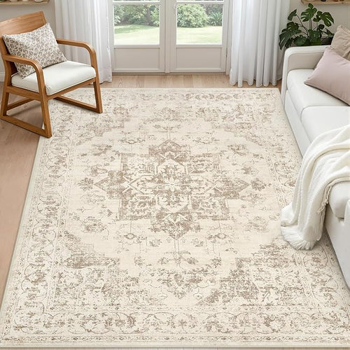 6x9 Area Rugs for Living Room: Vintage Boho Neutral Washable Rug Indoor Soft by Luxturiy