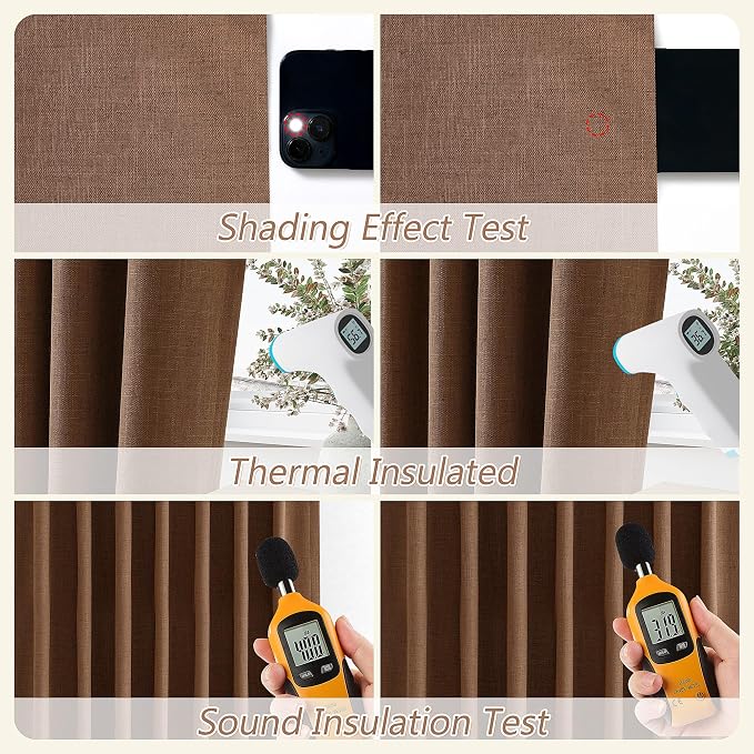 Guken Caramel Brown 100% Blackout Linen Curtains 102 Inch Length 2 Panels Set - Image 5