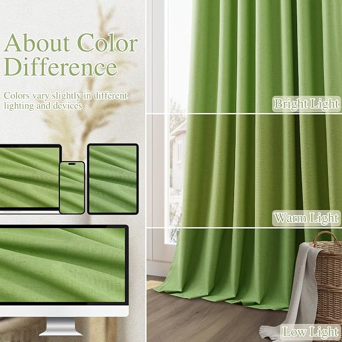 Guken Lime Green 100% Blackout Linen Curtains 108 Inch Length 2 Panels Set - Image 7