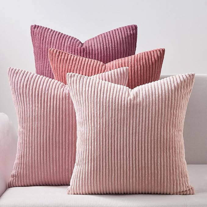 Topfinel Pink Throw Pillow Covers 16x16 Inch Set of 4, Soft Farmhouse Corduroy by Topfinel