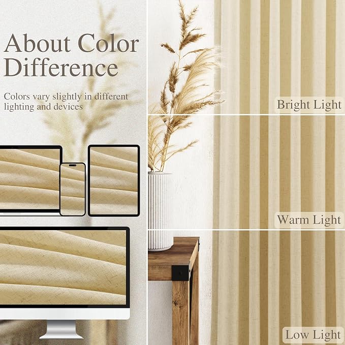 Nanspring Cream Yellow Linen Curtains 63 Inch Length - Image 3