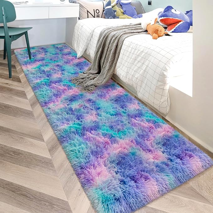 Super Soft Fluffy Living Room Area Rug 2x10 ft Purple Rainbow Tie-Dyed Shaggy by JiaoBaba