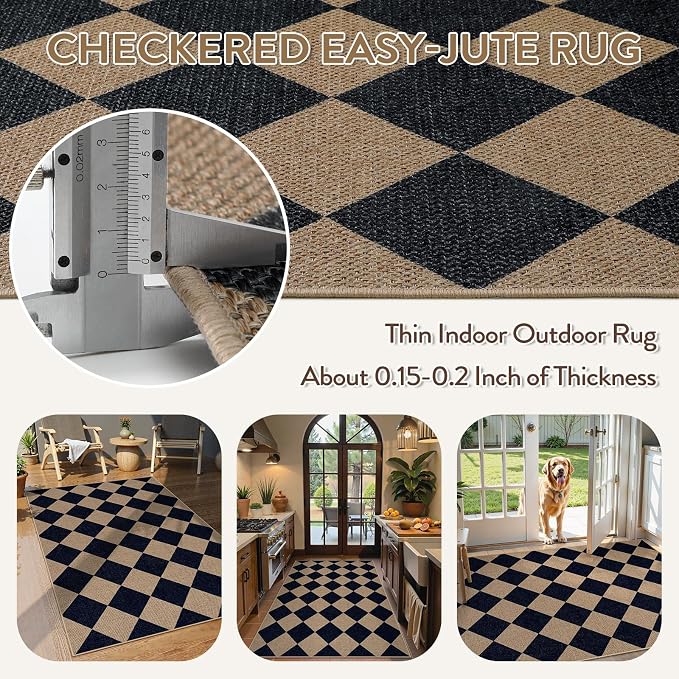 Lahome Colette Checkered Easy Jute Entry Rug, 3x5 Black Outdoor Patio Rug - Image 3