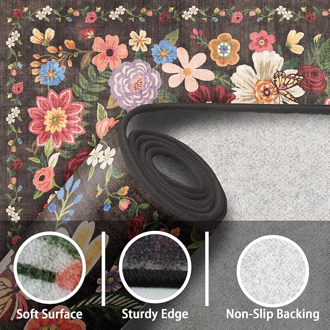 Floral Hallway Runner Black/Brown Carpet Non-Slip, 2x10 Washable Rug Ultra-Thin - Image 2
