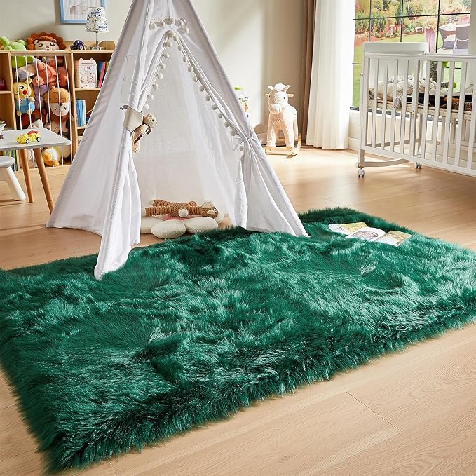 AMTOVO Faux Fur Sheepskin Rug for Living Room, 4 x 6 ft Dark Green Fluffy Area - Image 6