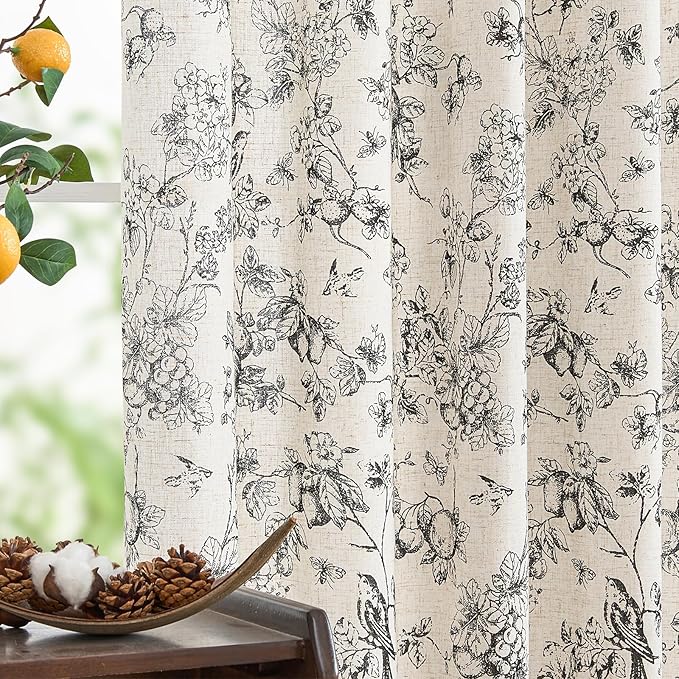 jinchan Linen Floral Curtains for Living Room 96 Inch Length Black Printed by JINCHAN