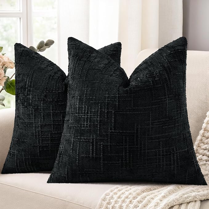 decorUhome Black Chenille Euro Sham Throw Pillow Covers 22x22 Set of 2 Textured by decorUhome