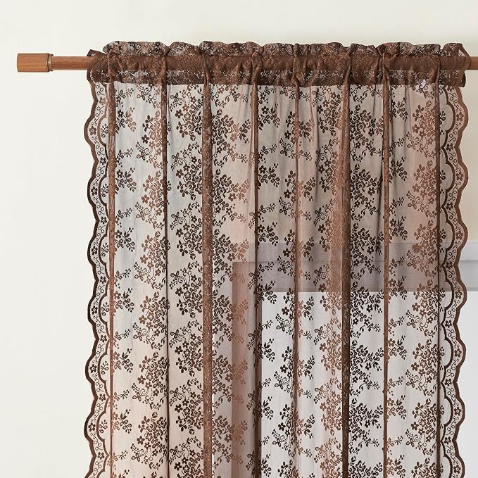 YJ YANJUN Vintage Lace Curtains 54 Inch Length-Brown Kitchen Curtains - Image 2