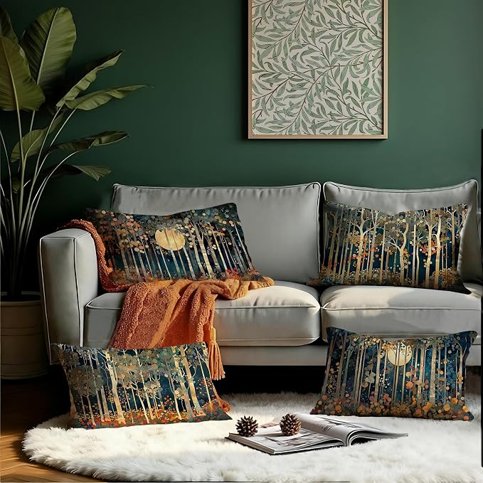 Rustic William Morris Inspired Forest Moon Decor Pillow Covers 12x20 Set of 4 - Image 3