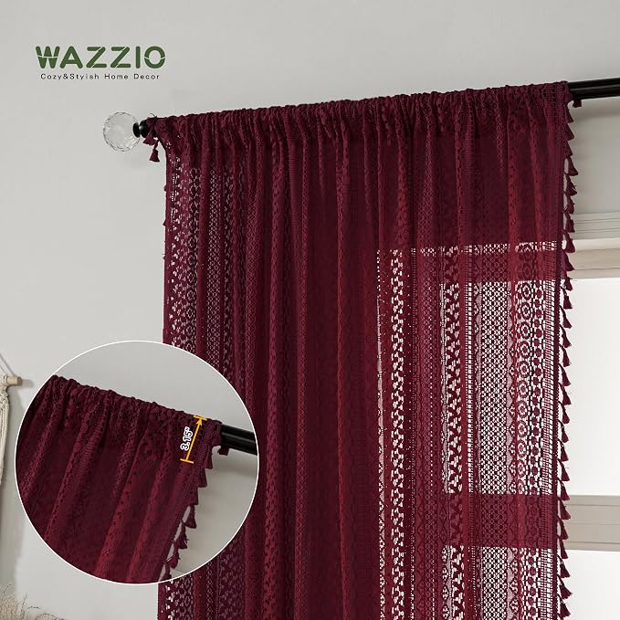 WAZZIO Boho Lace Curtains 63 Inches 2 Panel, Light Filtering Privacy Tassel & - Image 8