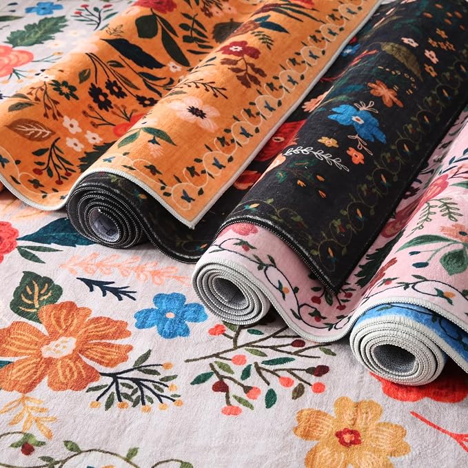 Rugcomf Round Rug 4ft Washable Circle Rug Non Slip Low Pile Boho Floral Small - Image 9