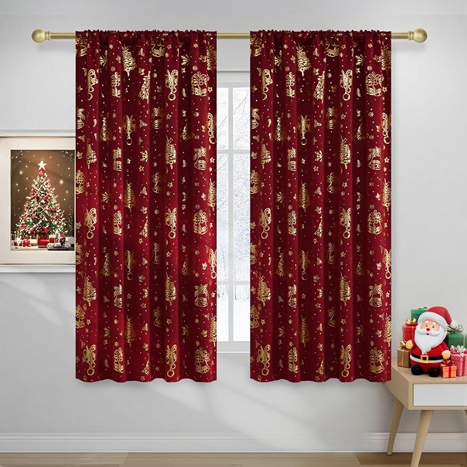 NICETOWN 2 Panels Red Christmas Curtains W42 x L63 in, Rod Pocket Gold Stamping by NICETOWN