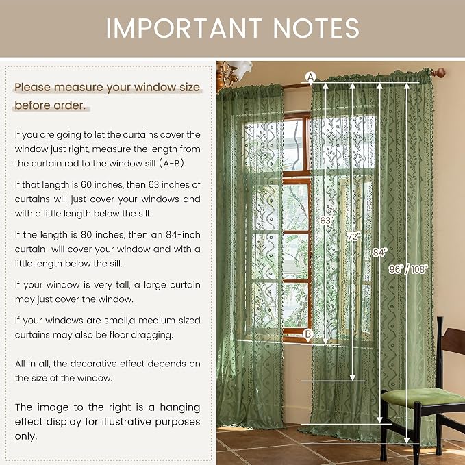 WAZZIO Boho Lace Curtains 2 Panels 96 Inches -Vintage Victorian Sheer Panel - Image 9
