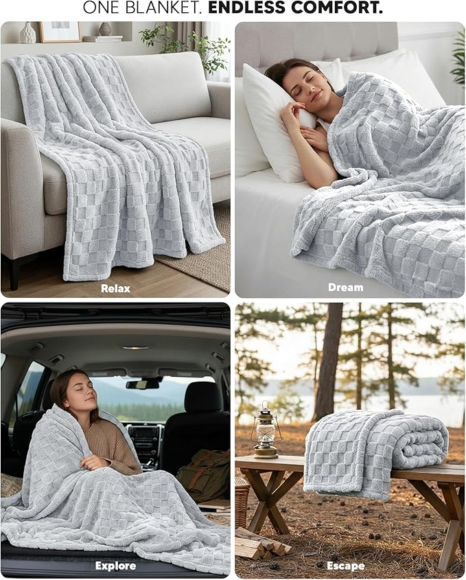 Utopia Bedding Cool Grey Checkered Fleece King Blanket - Image 4