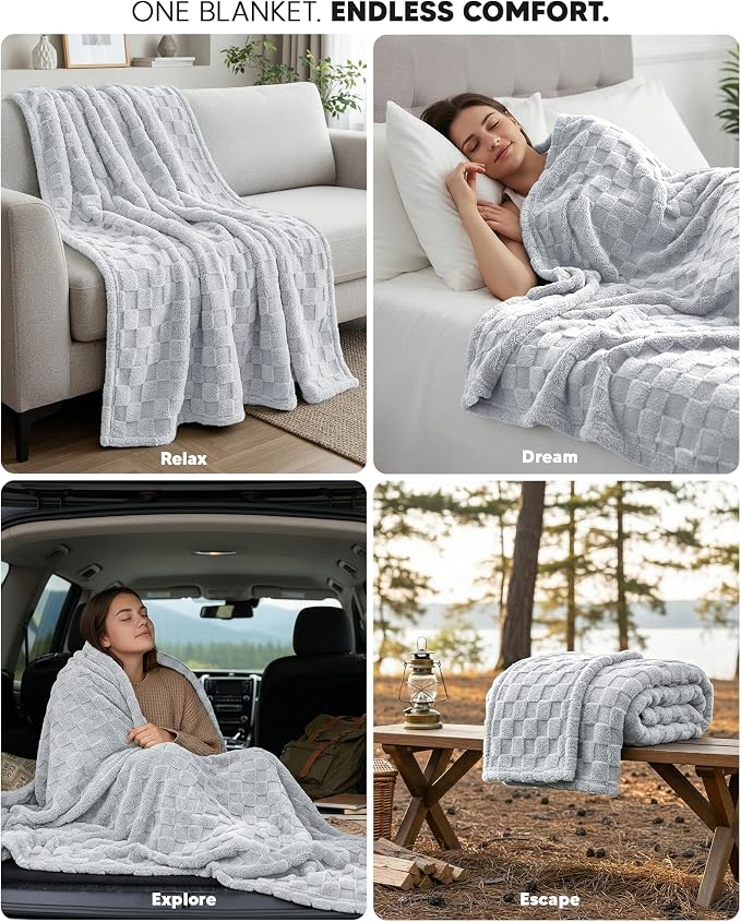Utopia Bedding Cool Grey Checkered Fleece Twin Blanket - Image 4