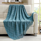 BOURINA Teal Throw Blanket 50 x70 Inches Jacquard Argyle Throw Textured Solid - Image 2