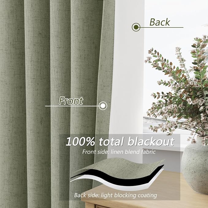 Sage Green 100% Blackout Linen Curtains 72 Inch Length 2 Panels Set - Image 4