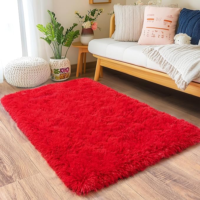 Small Area Rug, 2x3 Red Rug for Bedroom Shaggy Throw Rugs for Girls Room by Quntue