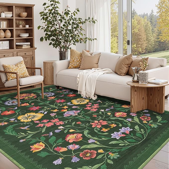 Washable Rug 8x10 Area Rugs for Living Room, Protea Floral Rug for Bedroom by GarveeHome
