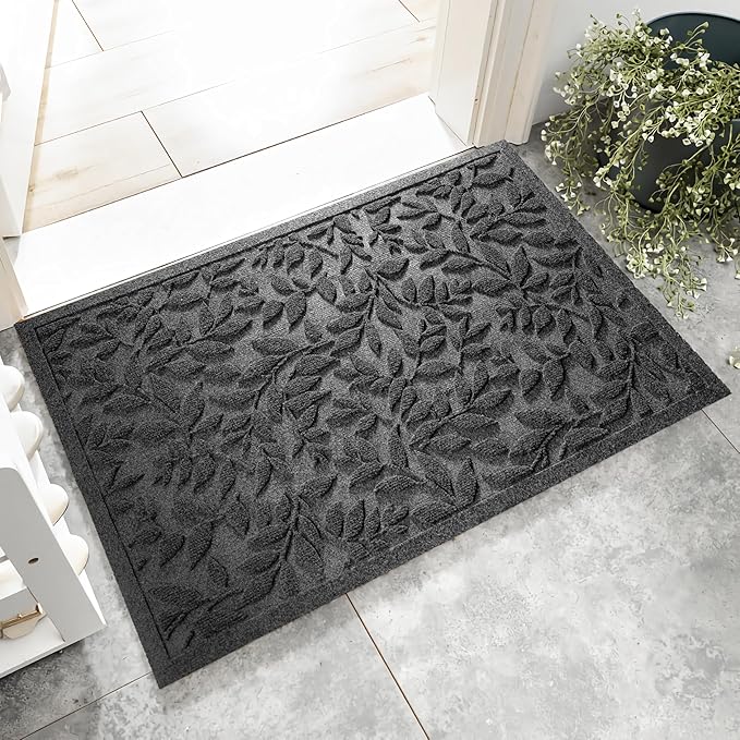 Grey Leaves Outdoor Indoor Entrance Doormats, Absorbent Durable Heavy Duty by VivaNest