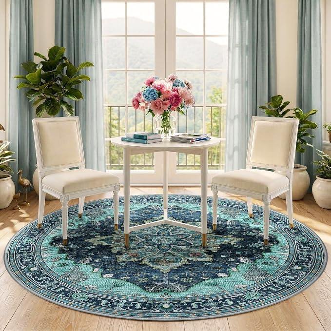 RELEANY Area Rugs 5ft Washable Non-Slip, Floral Vintage Distress Print Pattern - Image 2