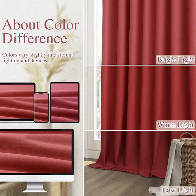 Guken Red 100% Blackout Linen Curtains 84 Inch Length 2 Panels Set - Image 7
