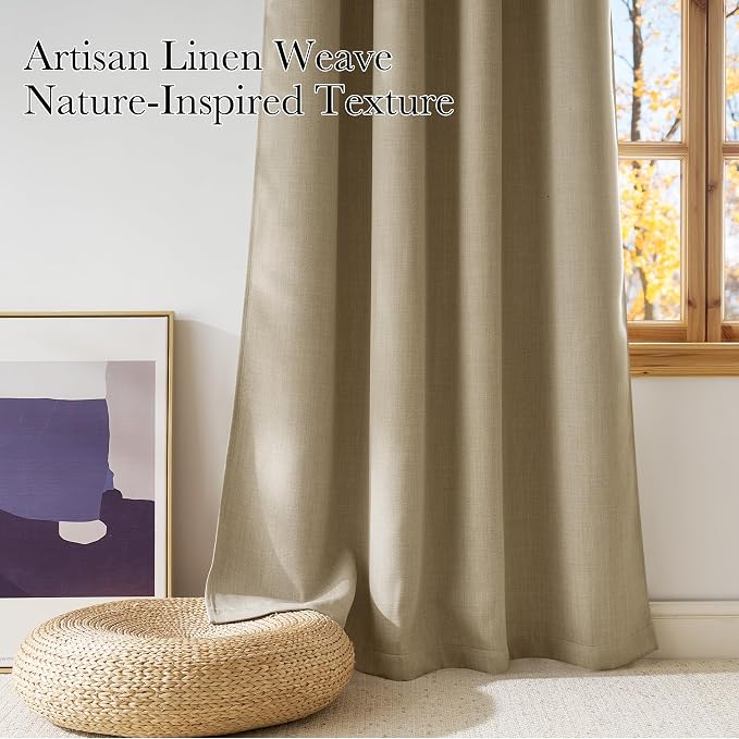 NICETOWN Oatmeal Faux Linen Room Darkening Rod Pocket Curtains 63 inch Length - Image 6