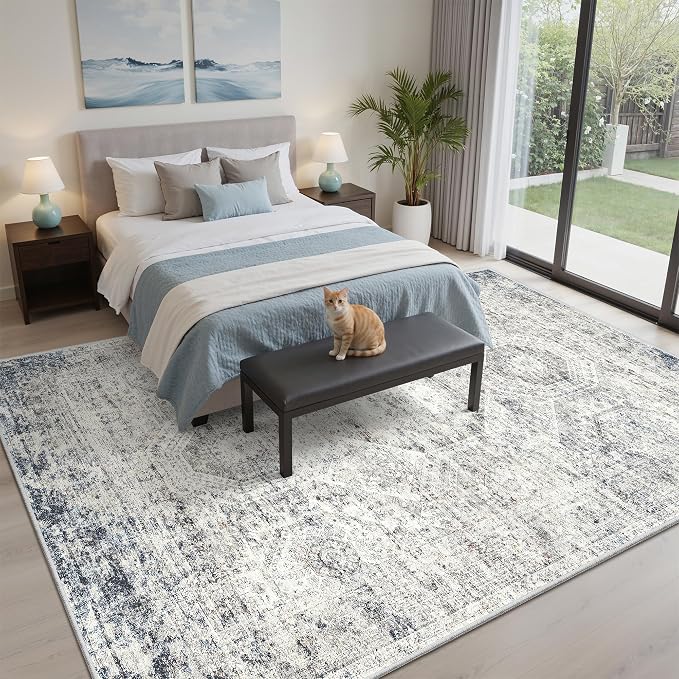5x7 Area Rugs Blue Ivory Low Pile Indoor Washable Trendy Faded Style Rugs - Image 3