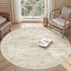 5x5 Beige Round Rug 5ft Living Room Circle Rug Vintage Round Area Rug Non Slip - Image 2