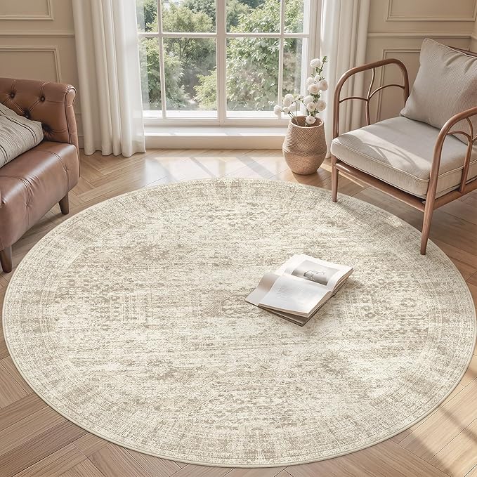 6x6 Beige Round Rug 6ft Living Room Circle Rug Vintage Round Area Rug Non Slip - Image 2