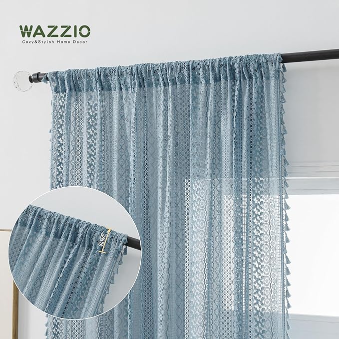 WAZZIO Boho Lace Curtains 84 Inches 2 Panel, Light Filtering Privacy Tassel & - Image 3