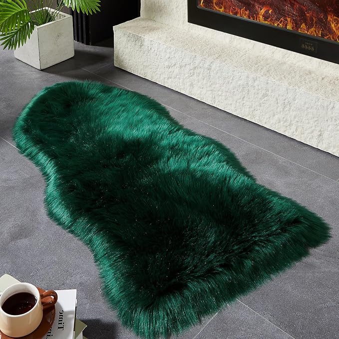 AMTOVO Faux Fur Rug, Dark Green Area Rug, Fluffy Sheepskin Rug, Fuzzy Ultra - Image 5