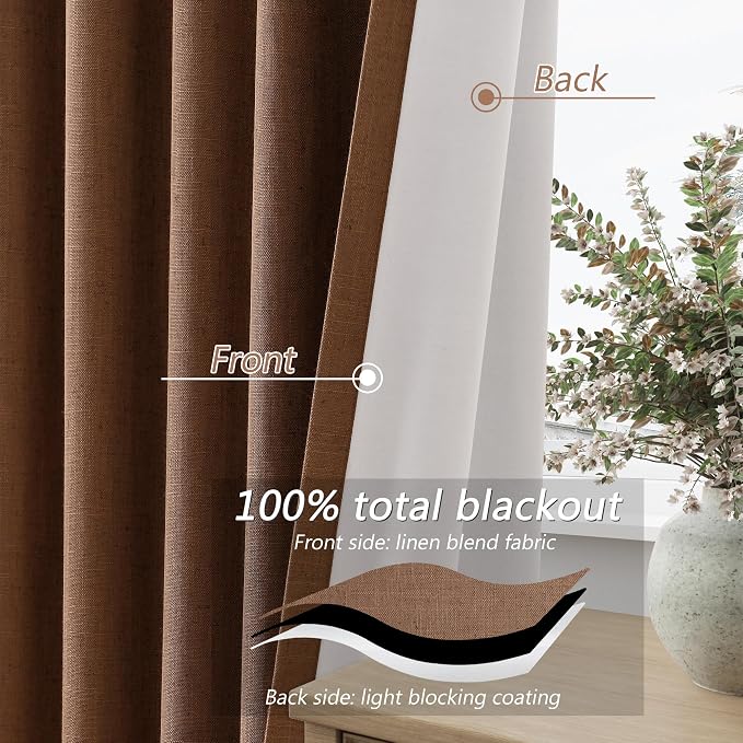 Guken Caramel Brown 100% Blackout Linen Curtains 72 Inch Length 2 Panels Set - Image 4