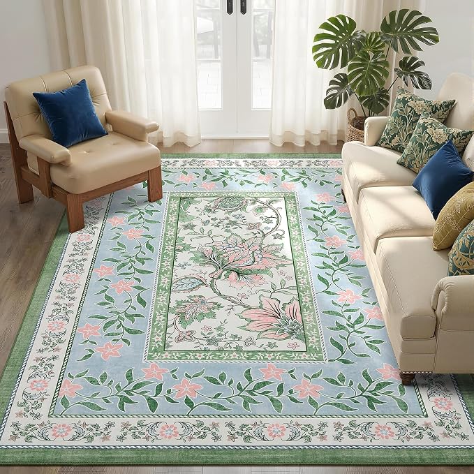 GarveeHome Blue Green Pink Washable 6x9 Area Rugs, Botanical Grove Vintage - Image 2