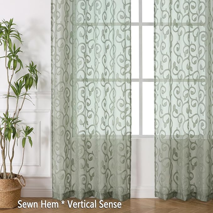 OWENIE Furman Sage Green Sheer Curtains 54 Inch Length 2 Panels Set - Image 5