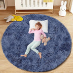 Navy Blue Round Rugs for Bedroom: 4ft Circle Fluffy Shag Soft Washable Rug by VECARF