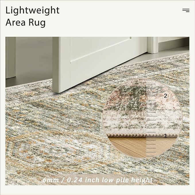 5x7 Area Rugs Green Orange Low Pile Indoor Washable Trendy Faded Style Rugs - Image 7