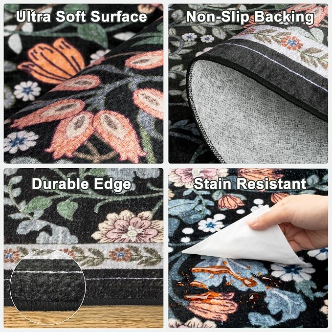 Entryway Rug 2X3 Small Rugs: Floral Washable Door Mat Vintage Soft Low Pile - Image 7