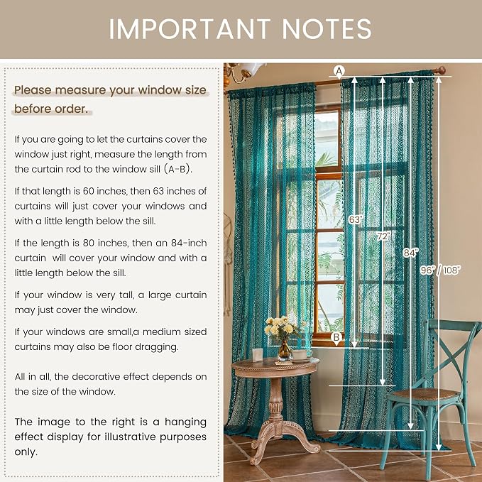 WAZZIO Boho Lace Curtains 96 Inches 2 Panel, Light Filtering Privacy Tassel & - Image 9