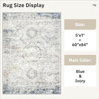 5x7 Area Rugs Blue Ivory Low Pile Indoor Washable Trendy Faded Style Rugs - Image 5