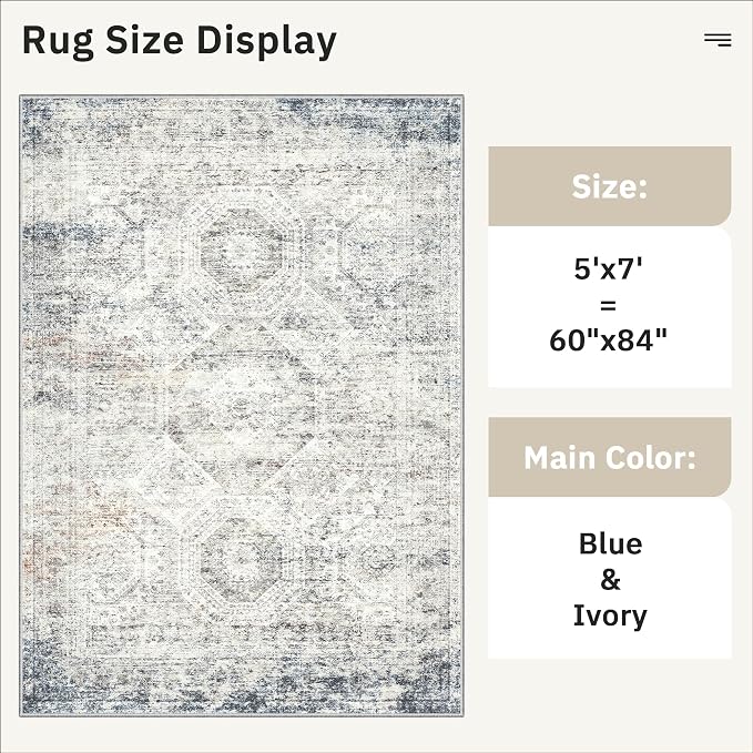 5x7 Area Rugs Blue Ivory Low Pile Indoor Washable Trendy Faded Style Rugs - Image 5