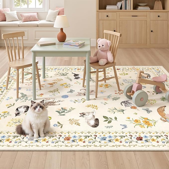 Cat 3x5 Area Rugs for Entryway, Machine Washable Animal Floral Accent Rug - Image 2