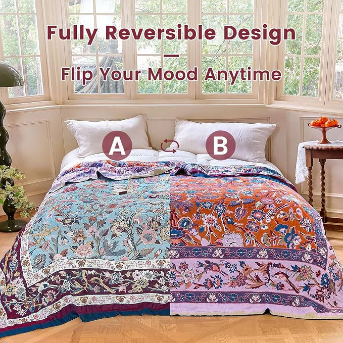 MSGKV Boho Throw Blanket for Couch 50"x60" 100% Cotton Sofa Floral Bird Blanket - Image 4