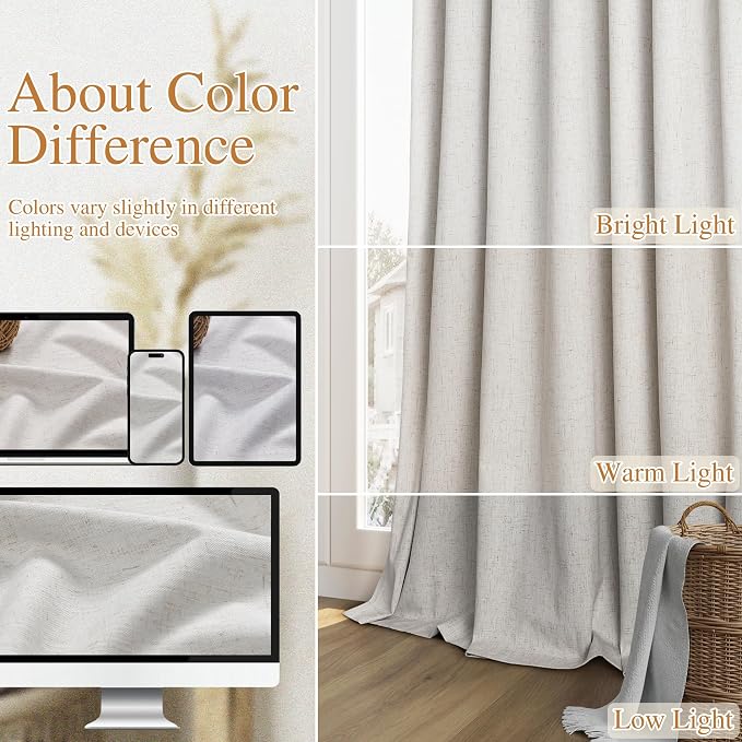 Guken 90 Inch Long Natural 100% Blackout Linen Curtains - Image 7