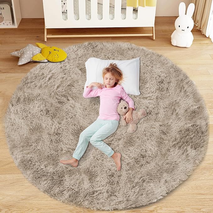 Camel Round Rugs for Bedroom: 4ft Circle Fluffy Shag Soft Washable Rug Small by VECARF