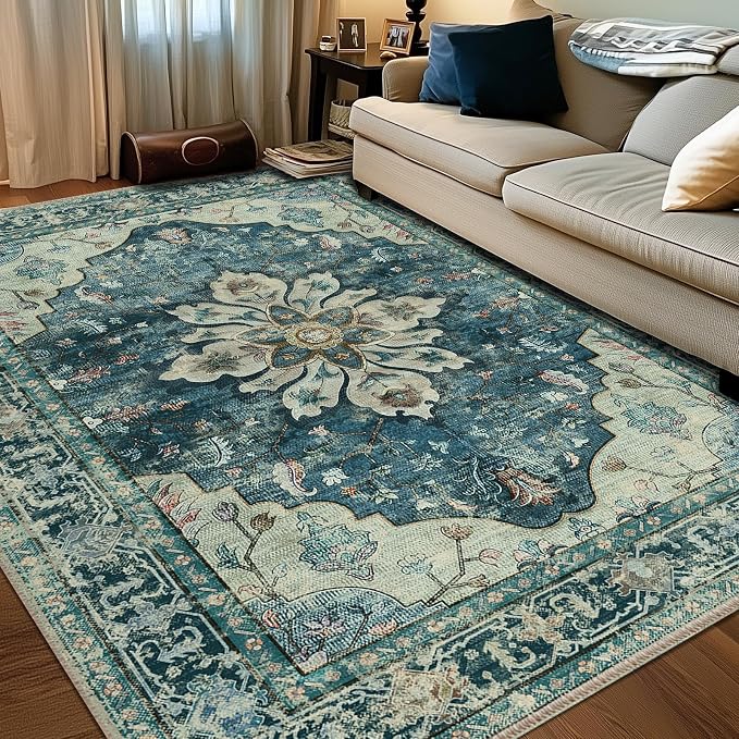 RELEANY Area Rugs 6'x8' Washable Non-Slip, Floral Vintage Distress Print by RELEANY