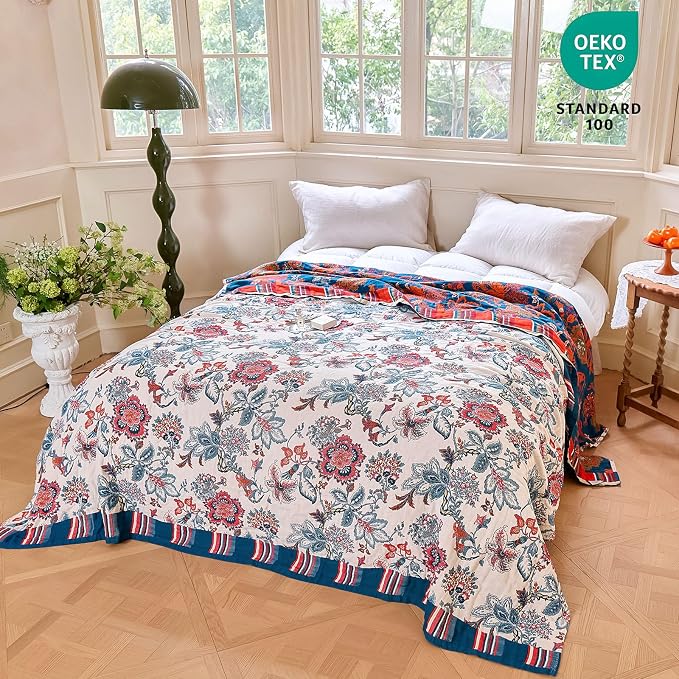 MSGKV Boho Throw Blanket 60"x80" 100% Cotton Floral Blanket - Image 6