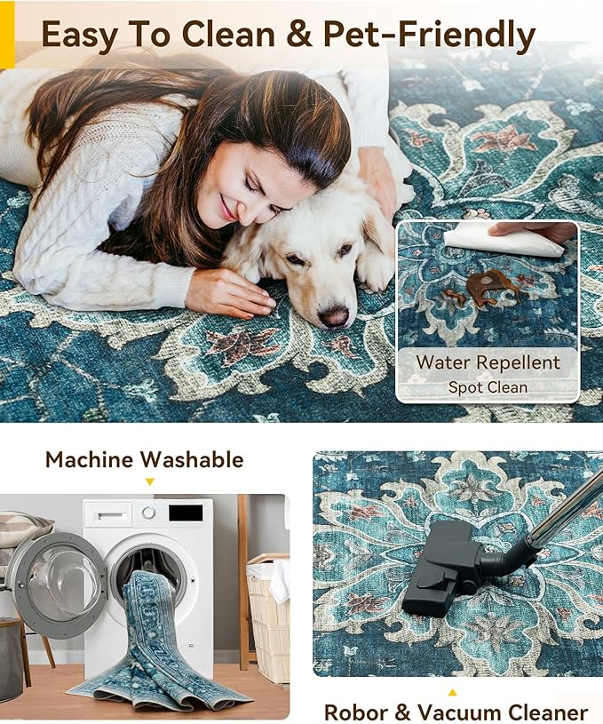 Area Rugs 6'x9' Washable Non-Slip, Floral Vintage Distress Print Pattern - Image 7