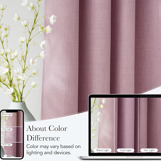 NICETOWN Pink Faux Linen Room Darkening Rod Pocket Curtains 63 inch Length - Image 5