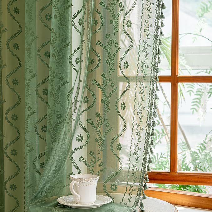 WAZZIO Boho Lace Curtains 2 Panels 84 Inches -Vintage Victorian Sheer Panel by WAZZIO